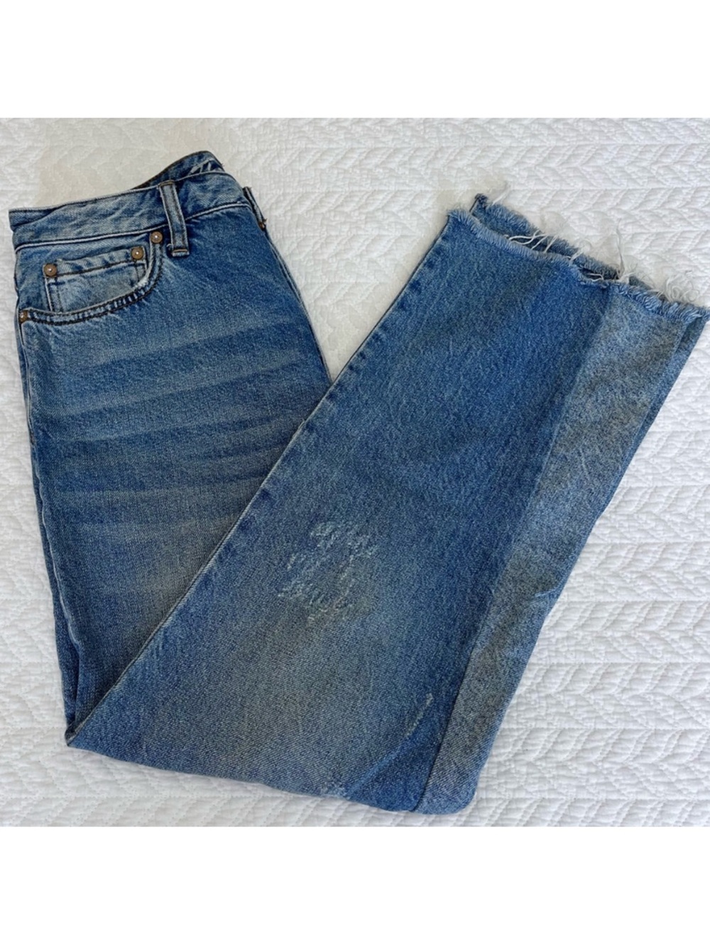 Free People Two-Toned High Rise Straight Leg Raw Hem Jeans US 27